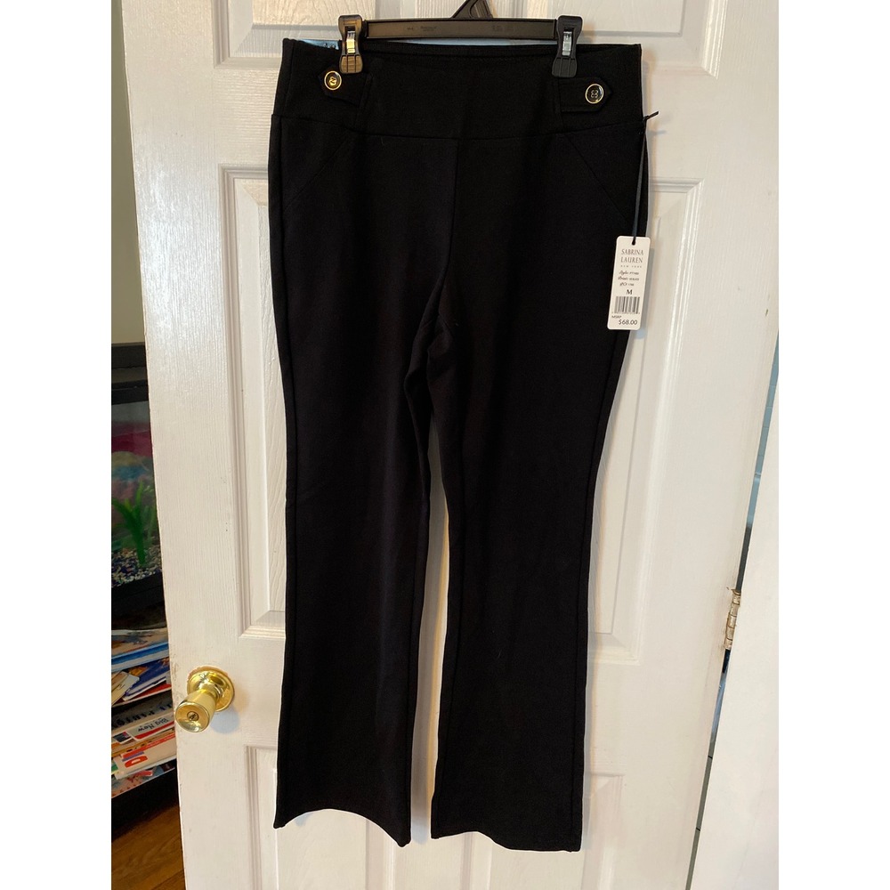 Sabrina Lauren New York Black Bootcut Stretch Dress Pants Gold Buttons PT7485 M